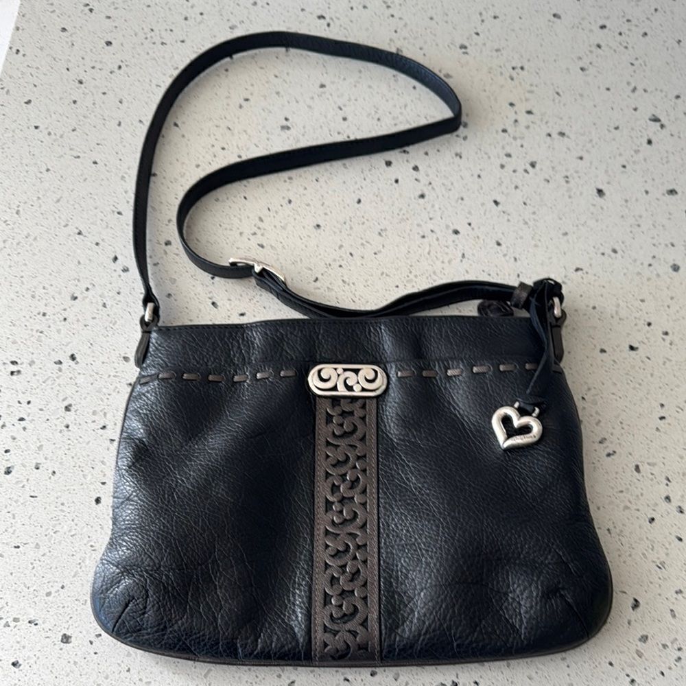 Brighton Black & Gray Soft Leather Shoulder Bag Crossbody Zipper Closure Casual